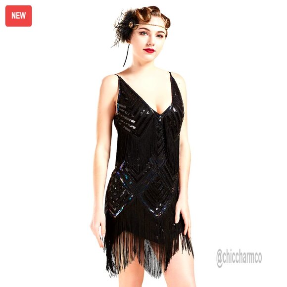 Dresses & Skirts - 1920s Flapper Dress V-Neck Sequined Fringe Gatsby Party Costume Midi
